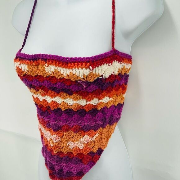 Napper Ariana Handmade Crochet Tankini Top halter Small Purple Orange New - Picture 5 of 10